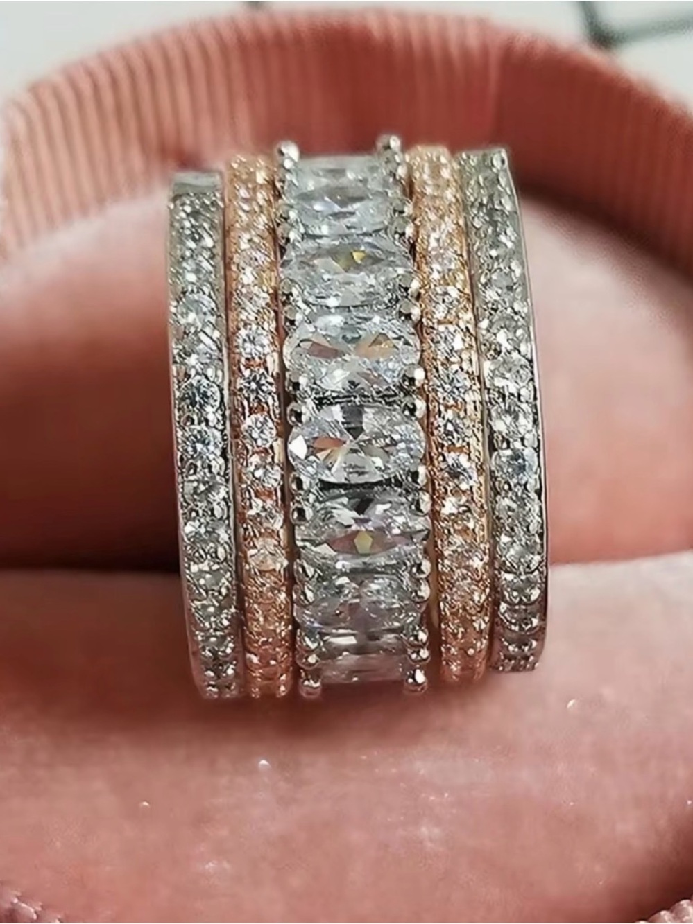 Rose Gold and Silver Multi-Row Cubic Zirconia Statement Ring sizes 8 & 9